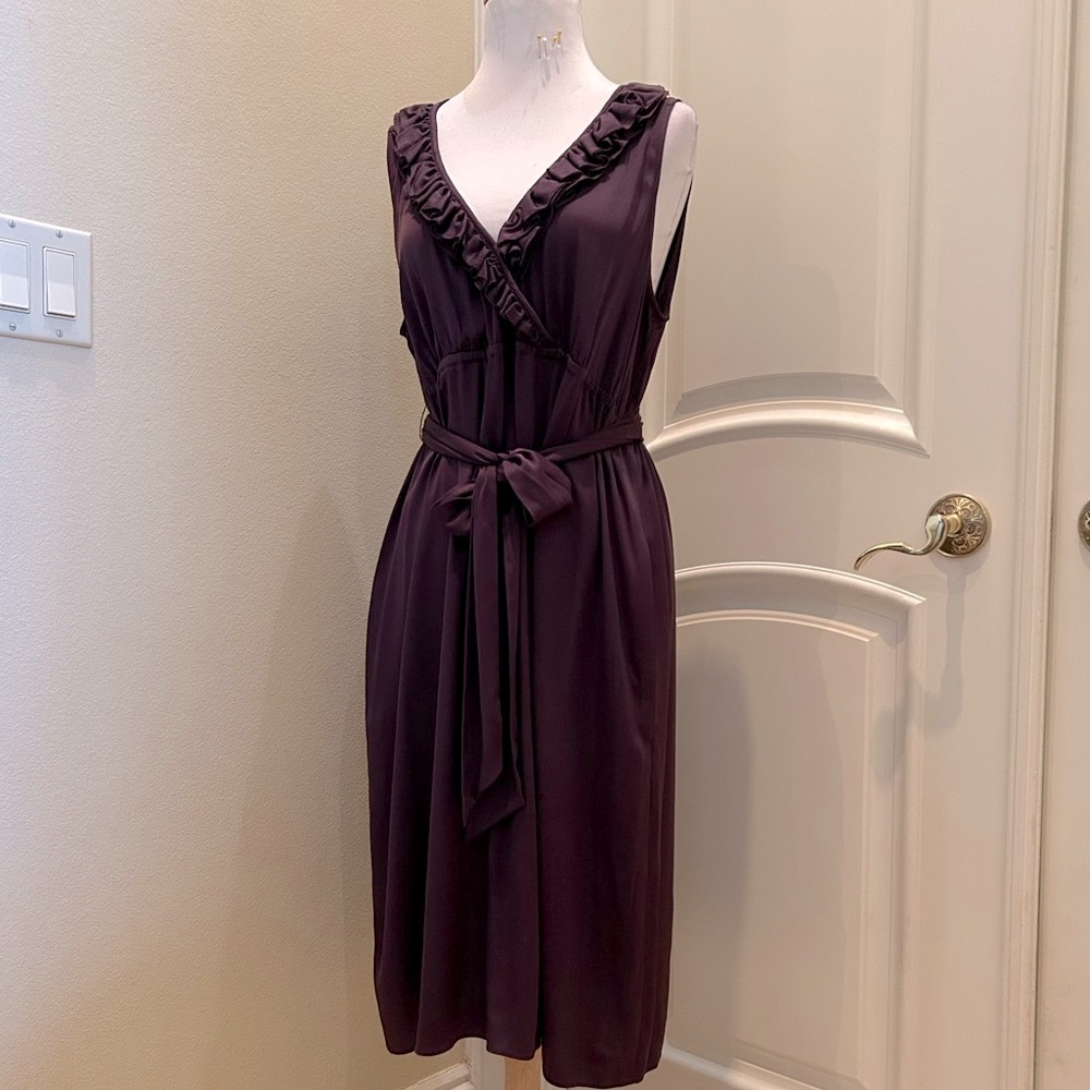 NWT Jigsaw plum color silk ruffle neckline dress